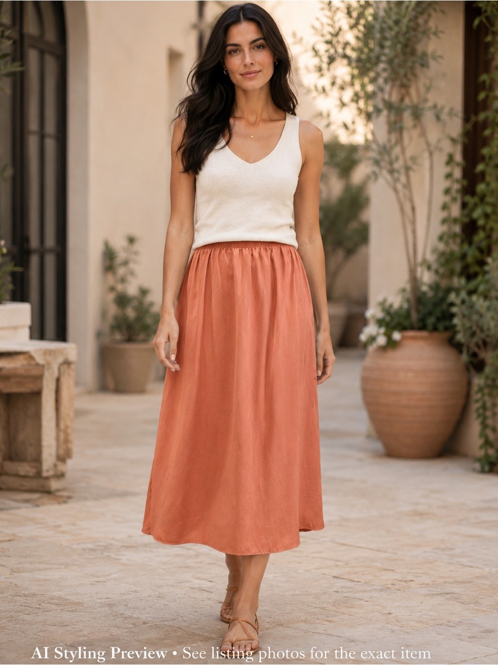 Dusty Rose Linen Midi Skirt A-Line Minimalist Elastic Waist XS